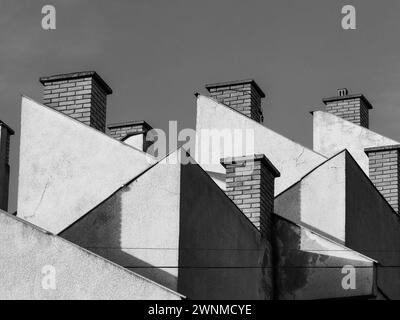 Montant au-dessus. Construire des cheminées en briques sur le toit contre la vaste ligne d'horizon. Noir et blanc, monochrome. Banque D'Images