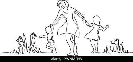 Mère marchant avec de petits enfants dans le jardin avec des fleurs Illustration de Vecteur