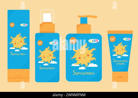 Ensemble de produits de protection solaire pour enfants. Design avec un soleil mignon. SPF 50 crème, spray, lotion, lait. Illustration vectorielle Illustration de Vecteur