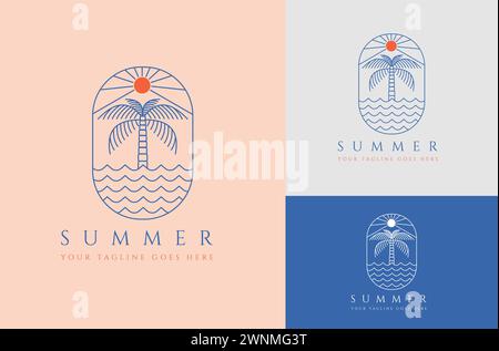 Design de logo d'été dans un style linéaire à la mode avec palmier et design vintage de soleil brillant Illustration de Vecteur