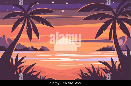 Coucher de soleil sur fond d'art vectoriel de plage de la mer tropicale Illustration de Vecteur