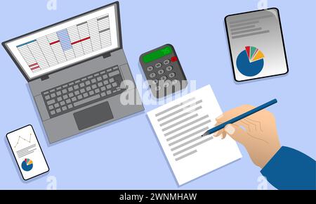 Vecteur plat d'un comptable ou d'un homme d'affaires travaillant sur une feuille de calcul d'ordinateur portable regardant des graphiques financiers Illustration de Vecteur