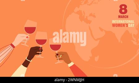 Mains de femmes de différentes nationalités et tons de peau tenant des verres de vin rouge avec globe terrestre sur fond. Journée internationale de la femme Greetin Illustration de Vecteur