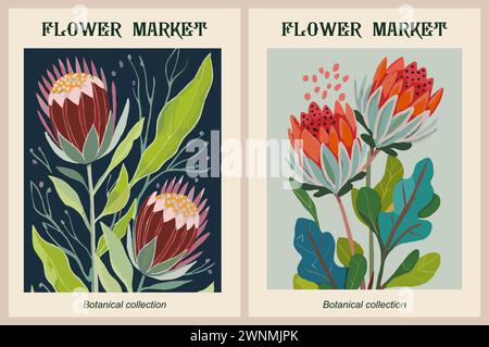 Ensemble de posters abstraits de Flower Market Protea. Illustration de Vecteur