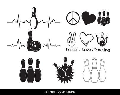 Vecteur de bowling, clipart de bowling, bowling Peace Love, quilles de bowling, monogramme de bowling, silhouette de bowling, Bowling Heartbeat, Bowling Split, Bowling Gift Illustration de Vecteur