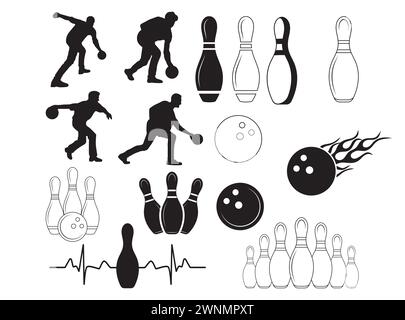 Vecteur de bowling, clipart de bowling, bowling Peace Love, quilles de bowling, monogramme de bowling, silhouette de bowling, Bowling Heartbeat, Bowling Split, Bowling Gift Illustration de Vecteur