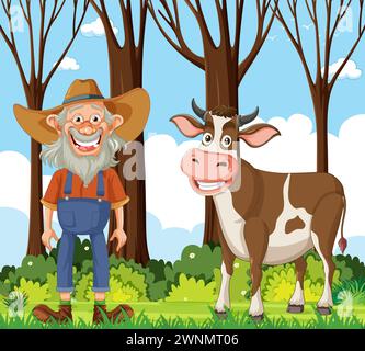 Fermier joyeux debout à côté d'une vache souriante. Illustration de Vecteur