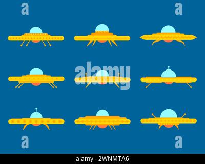 Icône d'OVNI définie dans un style plat. Collection de vaisseaux spatiaux extraterrestres, soucoupe volante spatiale. Vaisseaux spatiaux extraterrestres. Conception d'icônes pour l'impression, les bannières et la publicité. VE Illustration de Vecteur