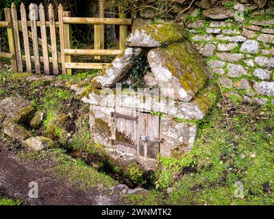 Saxon Well Head, probablement 17ème siècle, dans le village de Widecombe dans la Moor, Dartmoor, Devon, Angleterre, Royaume-Uni. Banque D'Images