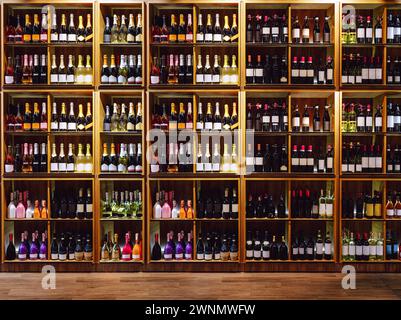 Vue avant des étagères avec grand choix de vin. Bouteilles de vin et de champagne sur les étagères. Banque D'Images