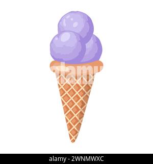 Crème glacée à la lavande. Trois boules de dessert sucré crémeux dans un cône de gaufre. Sorbet violet. Illustration vectorielle isolée sur blanc Illustration de Vecteur