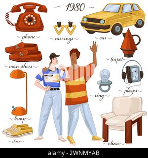 Mode et vêtements, meubles et objets des années 80 Illustration de Vecteur