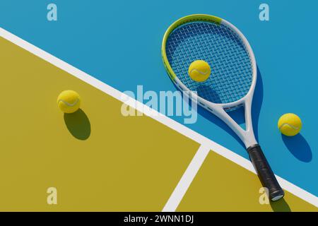 Raquette et balles de tennis sur le court. rendu 3d. Banque D'Images