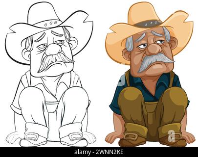 Cow-boy de dessin animé assis avec une expression réfléchie. Illustration de Vecteur