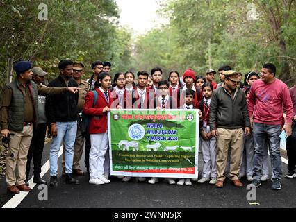 Noida, Inde. 03 mars 2024. NOIDA, INDE - 3 MARS : étudiant au Sanctuaire ornithologique d'Okhla à l'occasion de la Journée mondiale de la faune, le 3 mars 2024 à Noida, Inde. (Photo de Sunil Ghosh/Hindustan Times/Sipa USA ) crédit : Sipa USA/Alamy Live News Banque D'Images