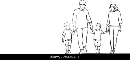 dessin en ligne simple continu des parents avec deux jeunes garçons marchant main dans la main, illustration vectorielle d'art au trait Illustration de Vecteur