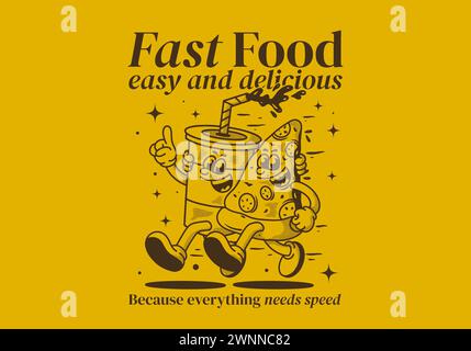 Restauration rapide, facile et délicieux. Illustration de personnage de mascotte de courir pizza et boisson non alcoolisée Illustration de Vecteur