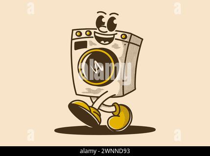 Conception d'illustration vintage du personnage de mascotte de machine à laver marchant avec le visage heureux Illustration de Vecteur