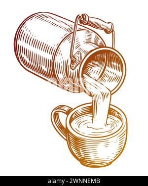 Lait dans une tasse versant de la canette. Produits laitiers de ferme. Illustration vectorielle d'esquisse dessinée à la main Illustration de Vecteur