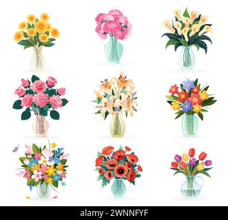 Ensemble de bouquets isolés dans des vases avec des fleurs. Illustration de Vecteur