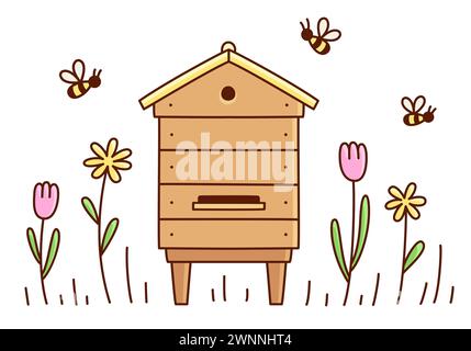 Dessin de doodle de ruche d'abeilles, maison d'abeilles en bois avec des fleurs. Illustration clip art vectorielle d'apiculture mignonne de dessin animé. Illustration de Vecteur