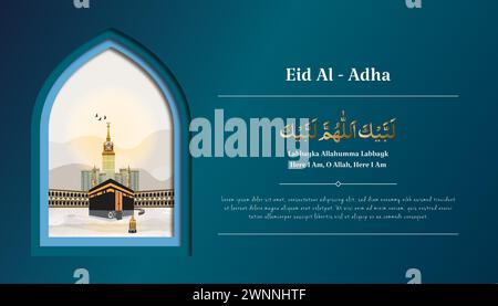 Eid al-Adha bannière avec Hajj talbiyah, Kaaba et tours de l'horloge, anciennement connu sous le nom Abraj Al Bait illustration Illustration de Vecteur