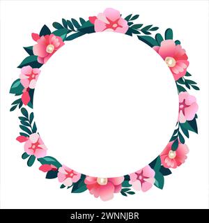 Cadre rond vectoriel de fleurs dessinées à la main pour les mots et le texte. Vignette rouge rose isolée pour le design, les bandes dessinées et les bannières plates Illustration de Vecteur