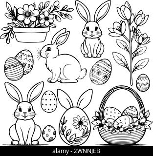 Un ensemble de dessins sur le thème de Pâques lapins, œufs et fleurs. les lapins sont assis et debout, et les œufs sont dispersés autour d'eux. les fleurs sont dans un panier et un vase Illustration de Vecteur