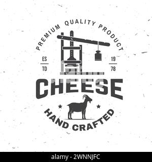 Motif écusson de la ferme familiale du fromage. Modèle pour logo, design de marque avec moules de chèvre et de fromage et presse. Illustration vectorielle. Produit fabriqué à la main Illustration de Vecteur