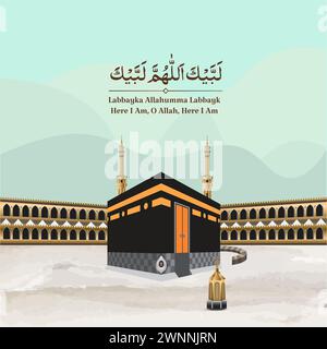 Kaaba et les tours de l'horloge', anciennement connu sous le nom Abraj Al Bait illustration avec hajj talbiyah. Illustration de Vecteur