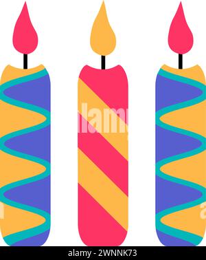 Bougies décoratives Burning Party, symbole d'anniversaire. Bougies décoratives brûlantes festives de style simple pour la conception du centre de divertissement pour enfants. Couleur Illustration de Vecteur