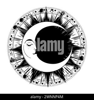 Croissant de lune avec visage masculin et rayons, tatouage ligne céleste, logo noir et blanc, gravure vintage du symbole du zodiaque, astrologie. Vecteur dessiné à la main i Illustration de Vecteur