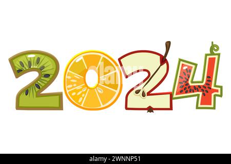 Fruit 2024 pour la conception de calendrier. Dessin animé 2025 de fruit Numbers. Saison estivale Illustration de Vecteur