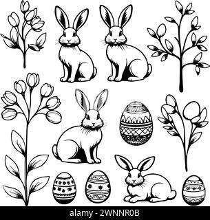 Un ensemble de dessins noir et blanc lapins et fleurs, y compris un couple de lapins assis et un couple de lapins debout Illustration de Vecteur