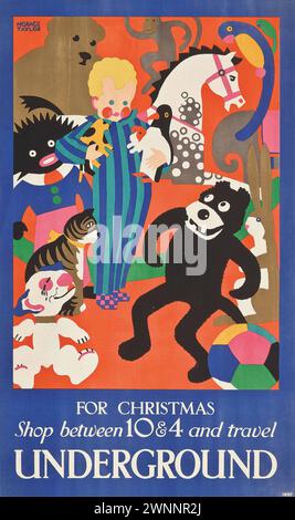 Affiche vintage du métro londonien. «Pour le magasin de Noël entre 10 et 4 ans et voyage souterrain» , avec jouets . Horace Taylor, 1924 Banque D'Images