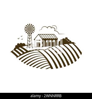 Grange de ferme et moulin à vent sur les champs de terres agricoles, illustration vectorielle de scène de campagne vintage Illustration de Vecteur