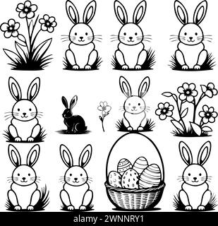 Un ensemble de dessins noir et blanc lapins et fleurs. les lapins sont assis dans le champ avec des fleurs en t fond Illustration de Vecteur