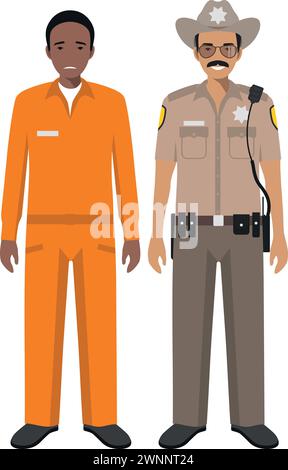 Officier de police américain permanent Sheriff officier en uniforme et personne prisonnière afro-américaine en traditionnel dans les vêtements de prison icône de personnage à Flat St. Illustration de Vecteur