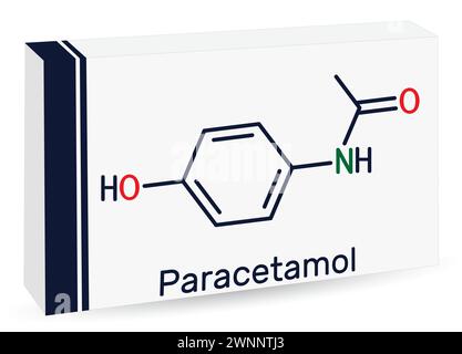 Paracétamol, molécule d'acétaminophène. C'est un analgésique non opioïde et un agent antipyrétique. Formule chimique squelettique. Emballage en papier pour médicaments. Vect Illustration de Vecteur