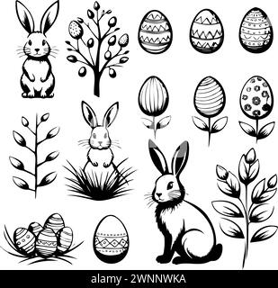 Un ensemble de dessins en noir et blanc oeufs de Pâques, lapins et fleurs. les lapins sont assis sur le sol, et les œufs sont dispersés autour d'eux. Les fleurs sont en arrière-plan Illustration de Vecteur