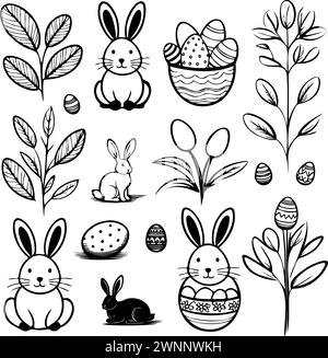 Une collection de dessins en noir et blanc lapins, œufs et fleurs. Les dessins transmettent le sens du printemps et de nouveaux départs Illustration de Vecteur