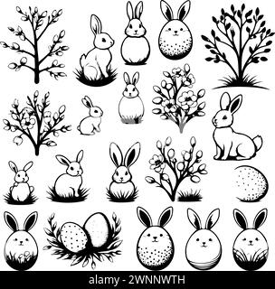 Une collection de dessins noir et blanc lapins et arbres. les lapins sont assis dans l'herbe et les arbres sont en arrière-plan Illustration de Vecteur