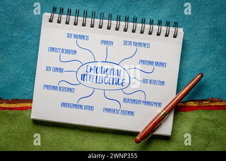 infographies d'intelligence émotionnelle ou croquis de carte mentale dans un cahier en spirale, carrière et concept de développement personnel Banque D'Images