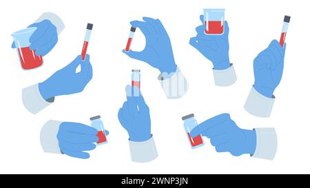 Main du médecin dans un gant médical tenant un ensemble de tubes à essai sanguin. Examen en laboratoire de l'échantillon de sang pour l'allergie, le paludisme ou l'hépatite, analyse génétique dans des fioles de verre illustration vectorielle de dessin animé Illustration de Vecteur