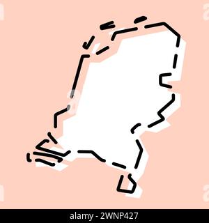 Carte simplifiée des pays-Bas. Silhouette blanche avec contour brisé noir sur fond rose. Icône vectorielle simple Illustration de Vecteur