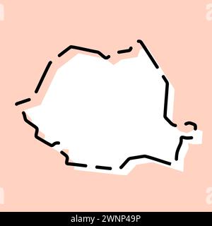 Carte simplifiée du pays de Roumanie. Silhouette blanche avec contour brisé noir sur fond rose. Icône vectorielle simple Illustration de Vecteur