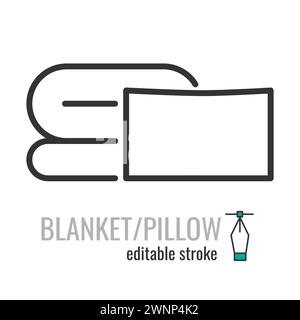 Ensemble de linge de lit avec oreiller, drap de lit de couverture ou housse de couette isolé sur fond blanc icône de contour. Contour modifiable. Illustration vectorielle EPS 10 Illustration de Vecteur