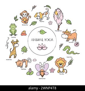 Ensemble de poses de yoga animales ou asanas avec des éléments floraux tropicaux. Illustration de bande dessinée colorée vectorielle dans le style doodle. Illustration de Vecteur