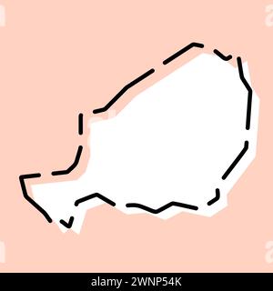 Carte simplifiée du pays Niger. Silhouette blanche avec contour brisé noir sur fond rose. Icône vectorielle simple Illustration de Vecteur