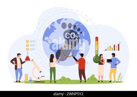 Empreinte carbone émission et écologie. Minuscules personnes recherchent avec la loupe dioxyde de dioxyde de verre pollution des gaz à effet de serre dans l'air, impact environnemental et illustration vectorielle de dessin animé sur le changement climatique Illustration de Vecteur